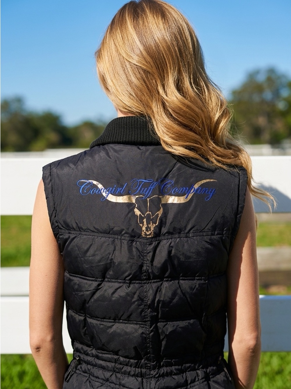 Cowgirl Tuff Black Quilted Vest with Gold Longhorn and Blue Script